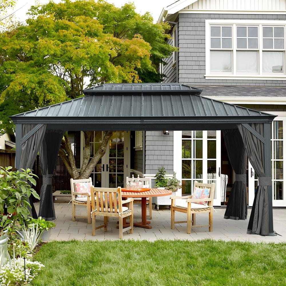 Gray Aluminum Hardtop Gazebo with Curtains and Netting, 12' x 16'