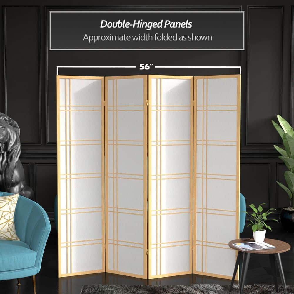 Natural Wood and Shoji Rice Paper 4-Panel Room Divider