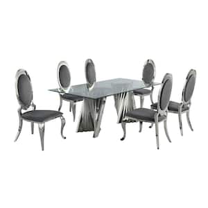 Becky 7-Piece Rectangular Clear Glass Top with Silver Stainless Steel Base Table Set with 6-Dark Grey Velvet Chairs
