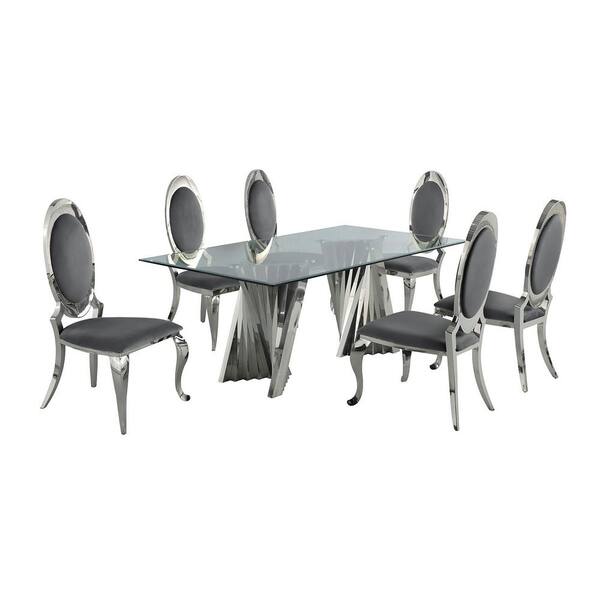 Best Quality Furniture Becky 7-Piece Rectangular Clear Glass Top with Silver Stainless Steel Base Table Set with 6-Dark Grey Velvet Chairs