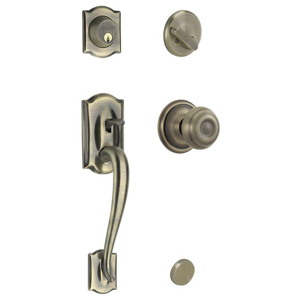 Schlage Camelot Single Cylinder Antique Brass Door Handleset with