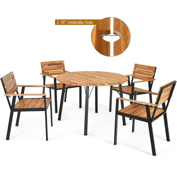 Costway Round Table Wood Metal Outdoor Dining With Extension Hw65221 The Home Depot Costway Round Table Wood Metal Outdoor, Round Metal Outdoor Dining Table Set