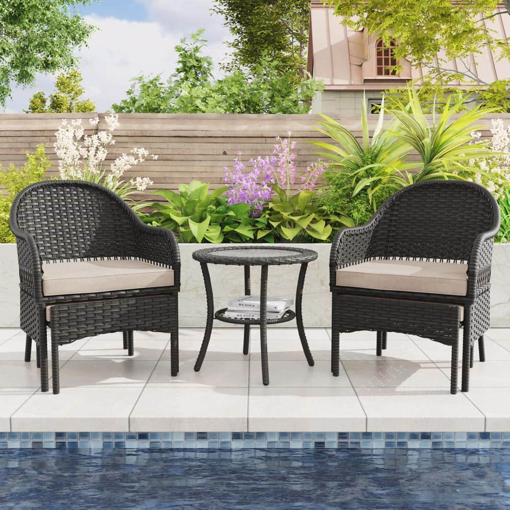 Black 5-Piece Wicker Outdoor Patio Sectional Set Conversation Set with Beig