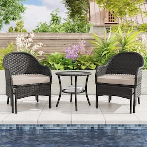 Black 5-Piece Wicker Outdoor Patio Sectional Set Conversation Set with Beige Cushions, 2 Ottomans and 1 Table