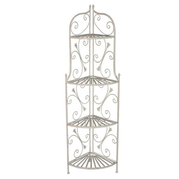 Unbranded Antique Cream Foldable Corner Iron and Steel Ornate Outdoor Indoor Patio Porch Garden Plant Shelf Bakers Rack (4-Level)