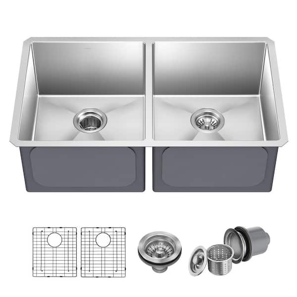 Standart PRO 33 in. Undermount 50/50 Double Bowl 16 Gauge Satin Stainless Steel Kitchen Sink with Accessories