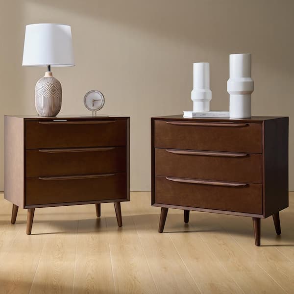 JAYDEN CREATION Sabine Walnut 30.38 in. 3-Drawer Accent Cabinet/Sideboard with Built-in Power Outlet, set of 2.