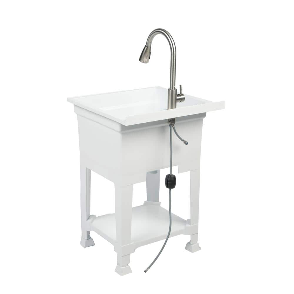 24-Inch White Polypropylene Freestanding Utility Sink with Stainless Steel Faucet