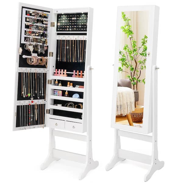 Costway White Wood Lockable Mirrored Jewelry Cabinet Armoire Organizer Storage with Stand and LED Lights