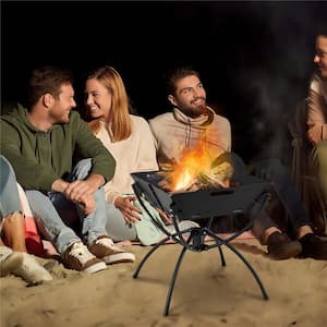 3-in-1 Portable Charcoal Grill in Brown Folding CAmping Fire Pit with Carrying Bag and Gloves