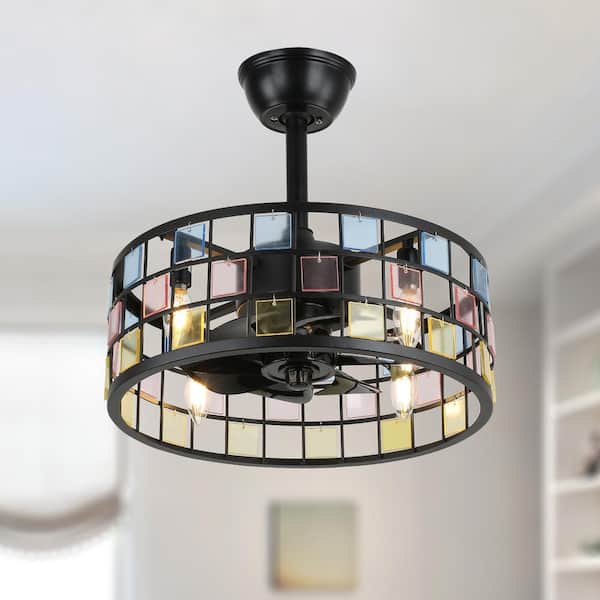 Bella Depot 18 in. Indoor Black Colorful Glass Reversible Ceiling Fan with Light and Remote