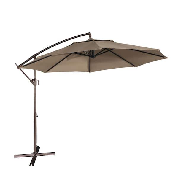 Mondawe 11 ft. Steel Pole Offset Hanging Patio Umbrella with in 360° Rotation and Easy Crank in Tan