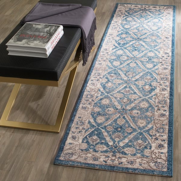 Sofia Blue/Beige 2 ft. x 12 ft. Border Runner Rug
