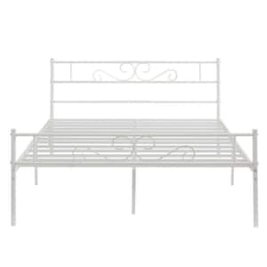 Victorian Bed Frame, White Metal Frame Queen Platform Bed No Box Spring Needed Heavy Duty Bed with Headboard, 63in. W