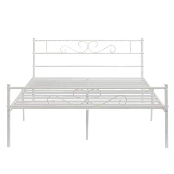 VECELO Victorian Bed Frame, White Metal Frame Queen Platform Bed No Box Spring Needed Heavy Duty Bed with Headboard, 63in. W