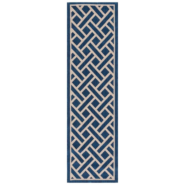 Courtyard Navy/Light Beige 2 ft. x 12 ft. Tribal Diamond Indoor/Outdoor Runner Rug