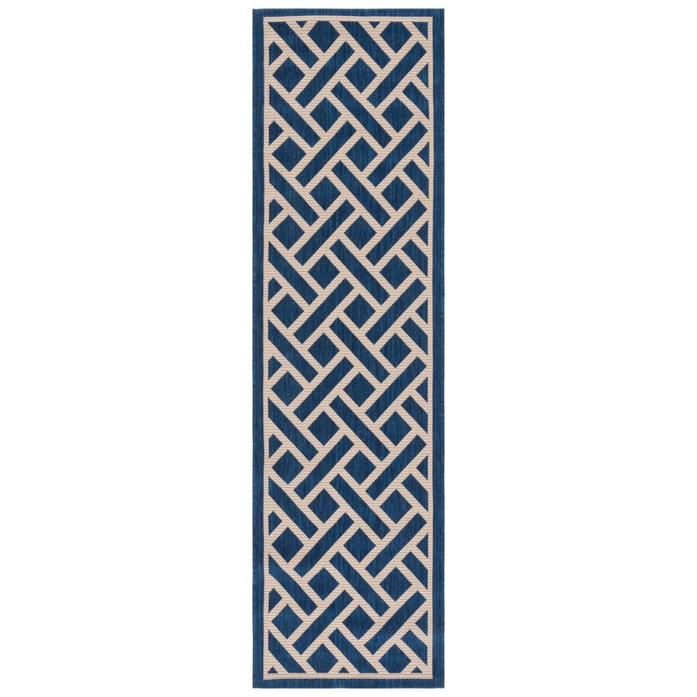SAFAVIEH Courtyard Navy/Light Beige 2 ft. x 7 ft. Tribal Diamond Indoor ...
