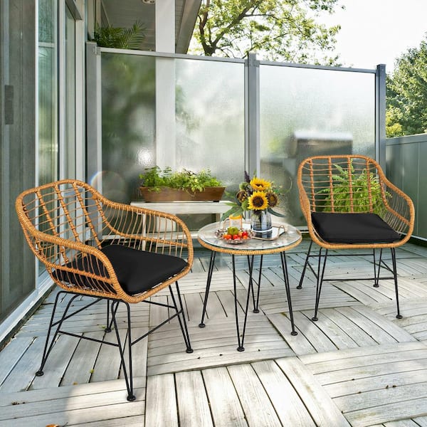Liviza 3-Piece Wicker Outdoor Patio Conversation Set with Black Cushions, Comfy Armchairs and Glass-Top Table