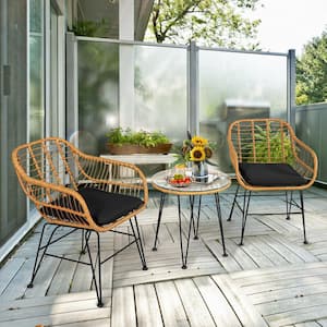 3-Piece Wicker Outdoor Patio Conversation Set with Black Cushions, Comfy Armchairs and Glass-Top Table