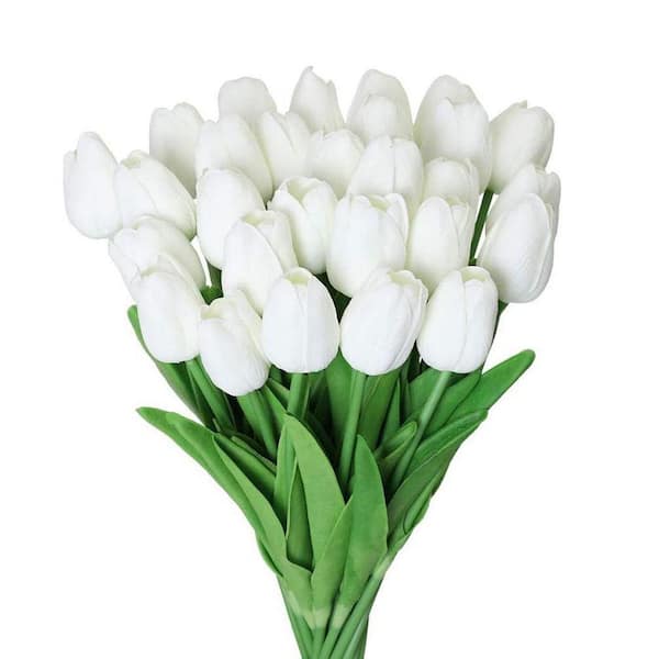 13 in. White Indoor/Outdoor Artificial Tulips Flower, 30 Pieces