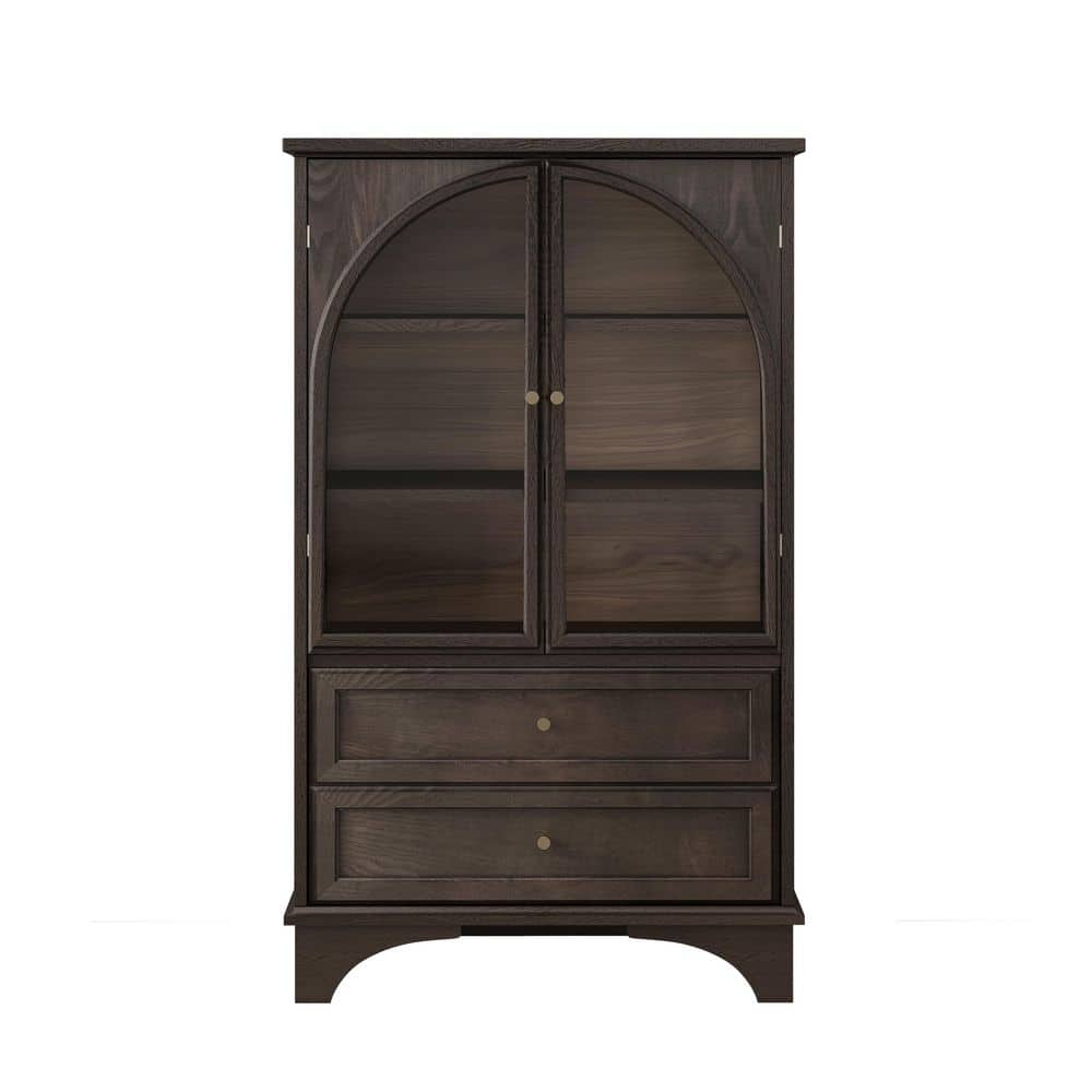 Brown 52 in. H Wooden Accent Storage Cabinet With Adjustable Shelf, Arched Glass Doors and 2 Drawers for Office/Kitchen price history on PriceWatchPro