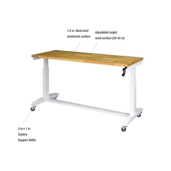 62 in. W x 24 in. D Adjustable Height White Worktable with Solid Wood Top
