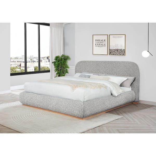 Karim Rich Gray Boucle Fabric Wood Frame Eastern King Platform Bed