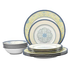 Menorca Palace Blue/Yellow White Bone China 12-Piece Dinnerware Set (Service for 4)