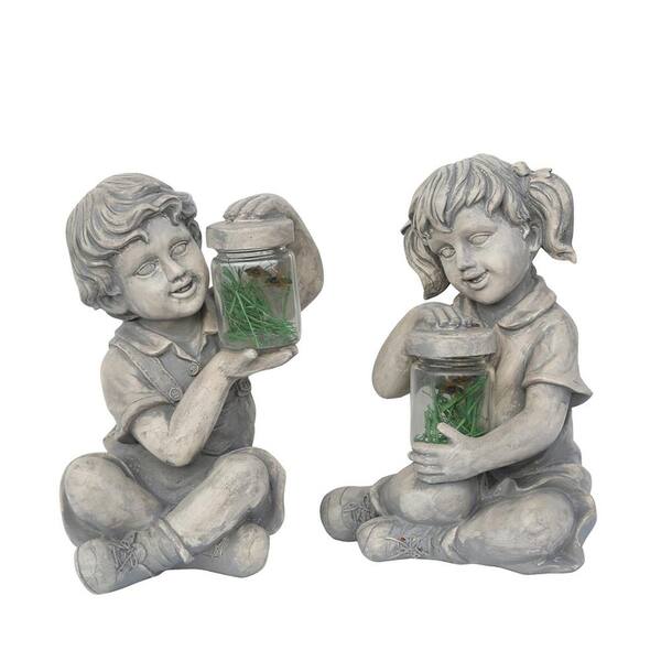 Northlight 12 in. Boy and Girl with Fireflies Statues (Set of 2)