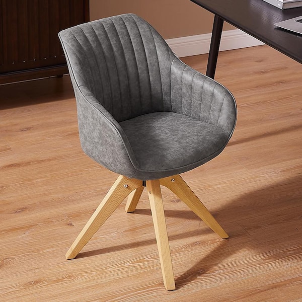 Art Leon Arthur Light Gray Faux Leather Mid-Century Modern Swivel Office Accent Arm Chair with Wood Legs