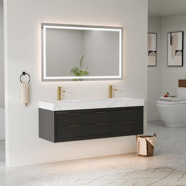Wenlorin 60 in. Double Sinks Floating Black Bath Vanity with White Engineered Marble Top Pre-assembled