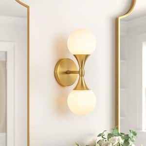 North 6.4 in. 2-Light Gold Bubble Modern Up and Down Wall Sconce with Opal Glass Globe Shade