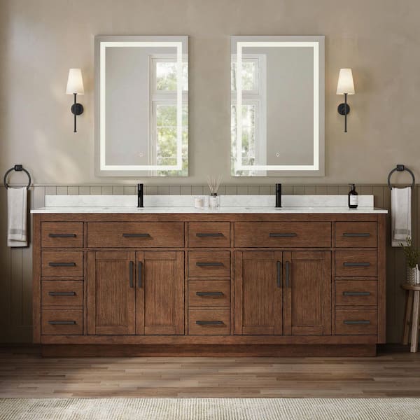 Beckett TK 84 in. Double Freestanding Dark Oak with Matte Black Trim Bath Vanity with Carrara Cultured Marble Top