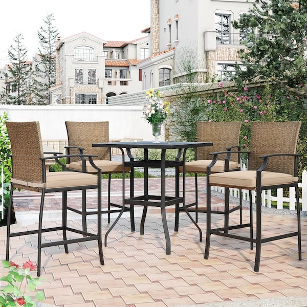 Harper & Bright Designs Black 5-Piece Metal and Wicker Counter Height Outdoor Dining Set with Brown Cushion