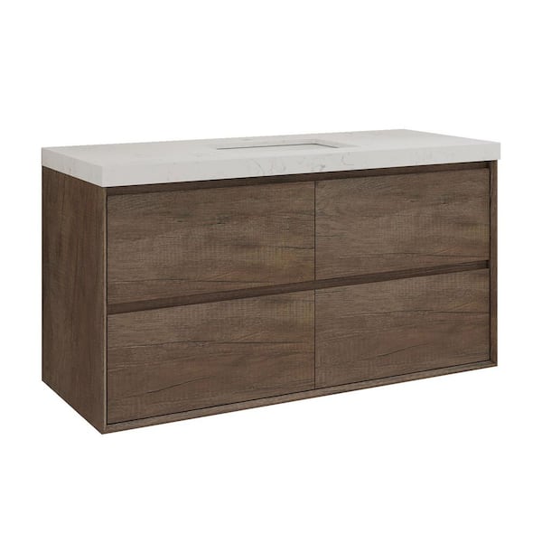 Aeroline 48in. W x 19.29in. D x 25.59in. H Single Sink Float Antique Oak Bath Vanity with Sar White Engineered Stone Top
