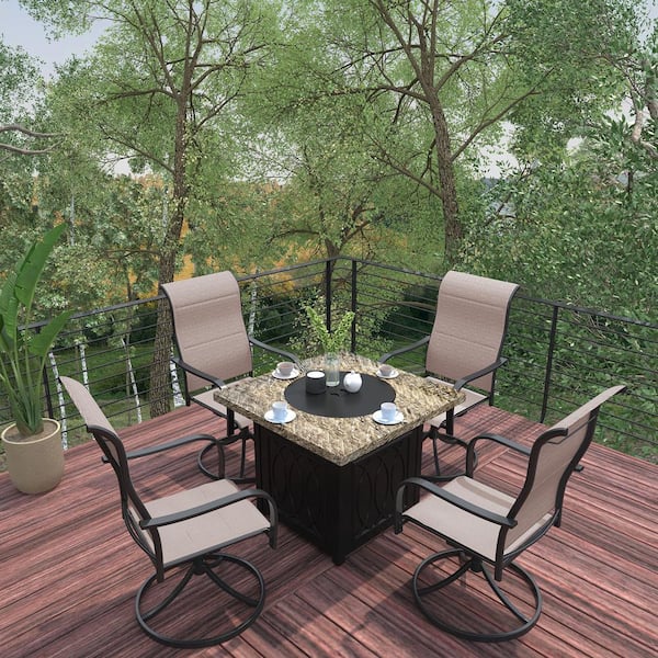CASAINC Black 5-Piece Metal Outdoor Patio Fire Pit Seating Set 32 in. Square with Brown Textilene Swivel Chairs