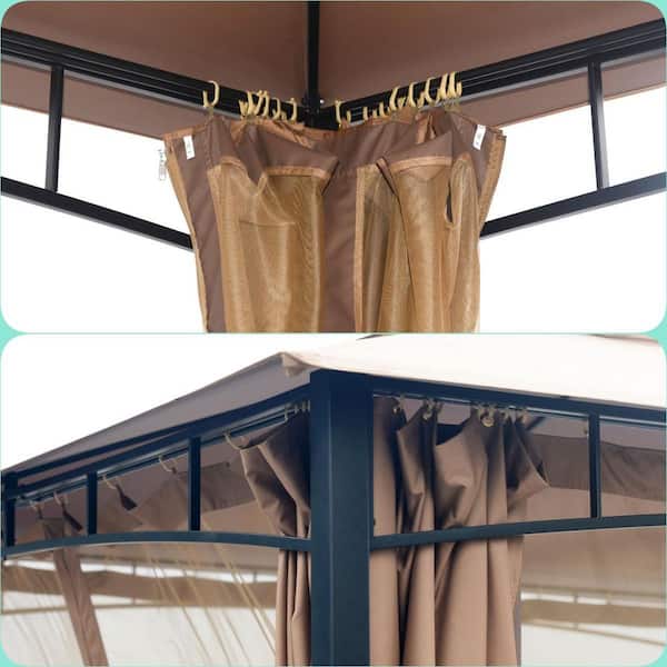 10 ft. x 12 ft. Beige Outdoor Portable Gazebo with Mosquito Net, Curtains and Double Roof Canopy