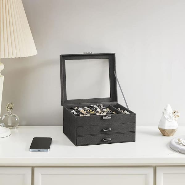 Gray 9 in. x 5.5 in. Velvet Modern Jewelry Organizer with 2-Drawers