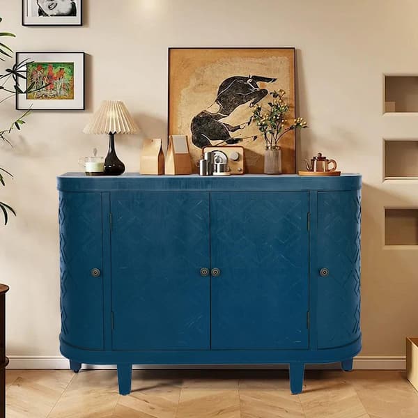 47 in. Blue Oval Storage Cabinet-Rustic 4-Door Buffet Sideboard with Sliding Doors,Fluted Design for Living Room