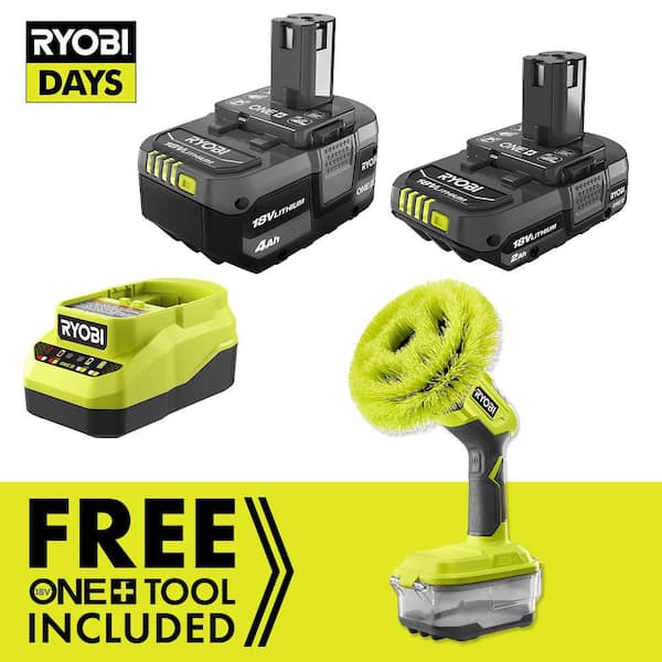 ONE+ 18V Lithium-Ion Kit with 2.0 Ah and 4.0 Ah Batteries, Charger with FREE ONE+ 18V Cordless Power Scrubber