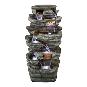 Resin Outdoor Garden Water Fountain - 48in. Tall 7-tier Large Outdoor Fountain with LED Light for Patio, Garden, Lawn