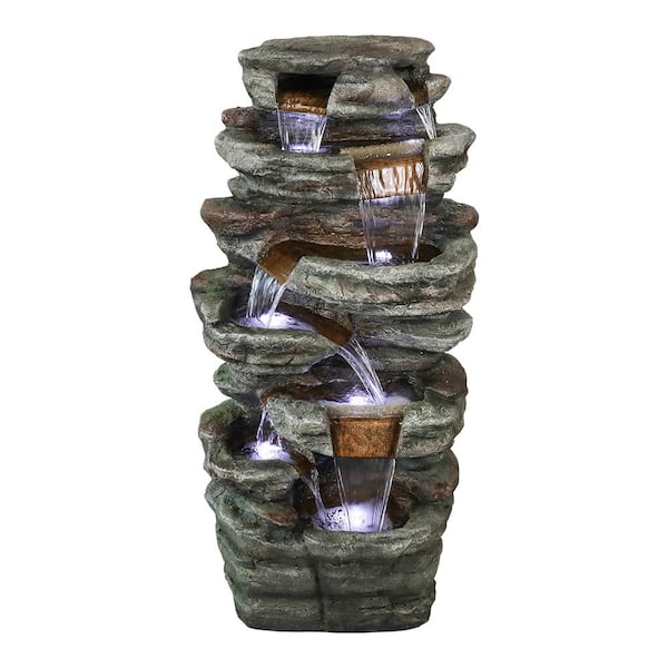 Watnature Resin Outdoor Garden Water Fountain - 48in. Tall 7-tier Large Outdoor Fountain with LED Light for Patio, Garden, Lawn