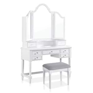 Jaimie 3-Piece White and Gray Vanity Set with Tri-Fold Mirror