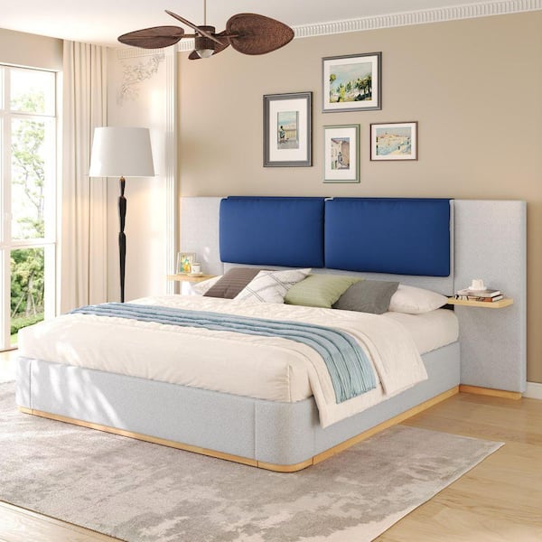 Qualler Gray Wood Frame Queen Size Upholstered Platform Bed with Panel ...