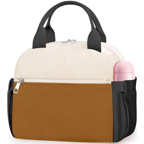 10L Insulated Lunch Bag with Corduroy Exterior, Reusable Lunch Tote with Pockets, Black Brown