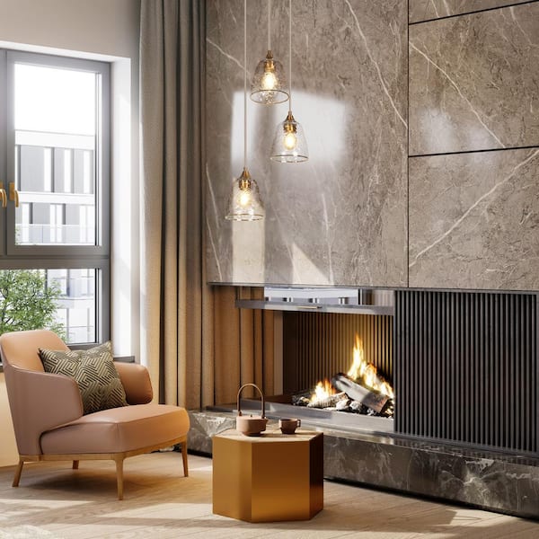 Aurabe Modern 3-Light Plated Brass Cluster Chandelier for Entryway Foyer Staircase, Island Pendant with Textured Glass