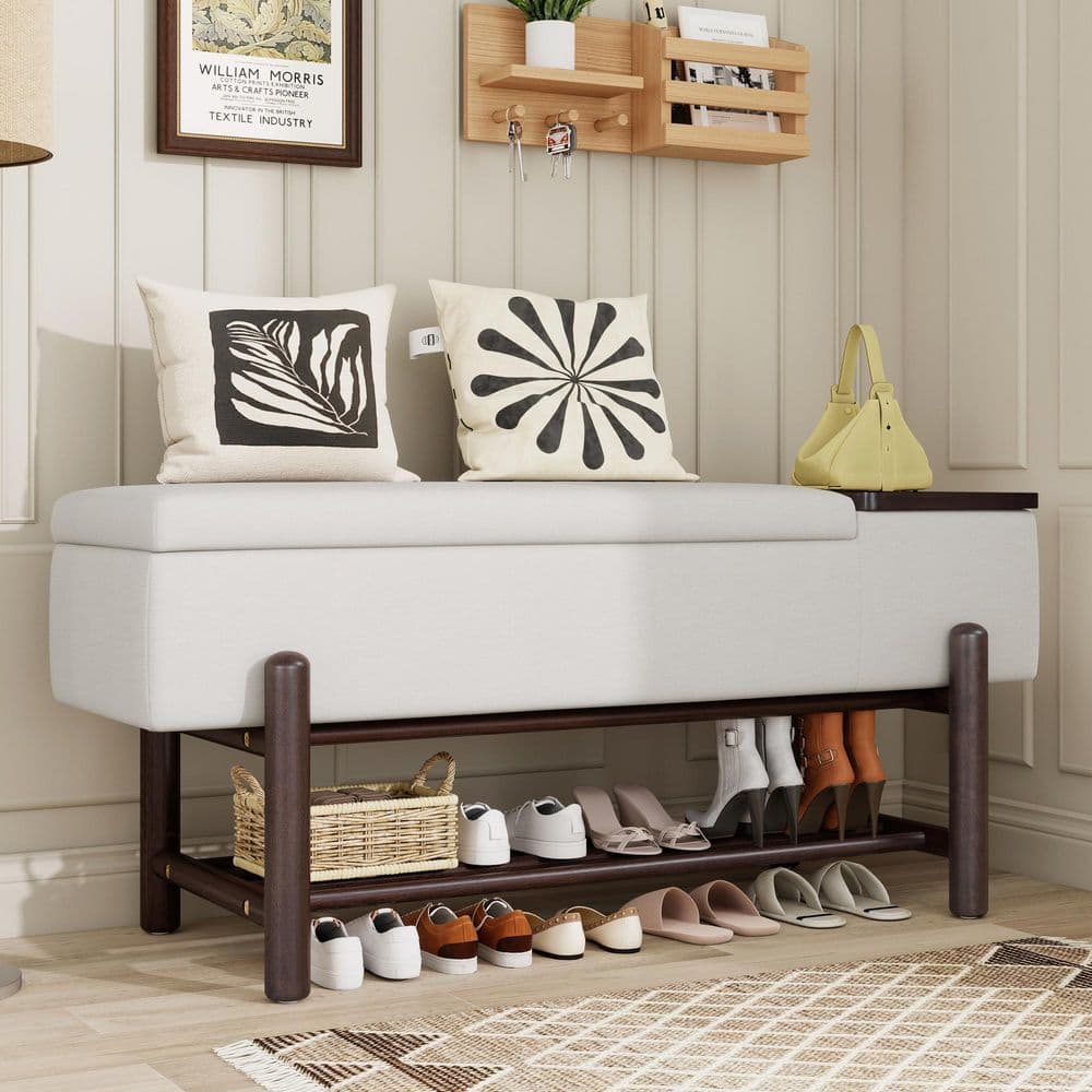 Zelric Modern 47.2 in. Espresso Finish Wood and Beige Fabric Upholstered Entryway Storage Bench with Shelf