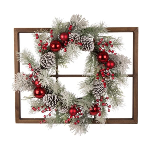 Glitzhome 24 in. Artificial Unlit Flocked Pinecone and Ornament Wreath with Wooden Window Frame