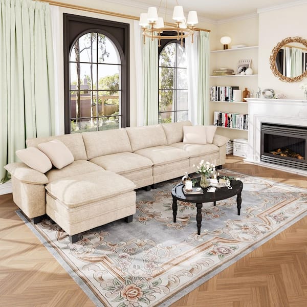 157.5 in. Flared Arm 5-Seat Chenille Modular Sectional Sofa in. Beige with Throw Pillows and Ottoman for Living Room