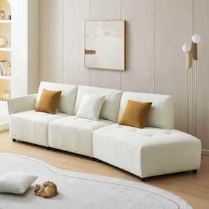 120 in. Teddy Fabric Upholstered Sectional Sofa in. Beige with Toss Pillows